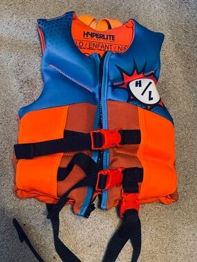 Hyperlite Kids Orange & Blue Life Jacket with Adjustable Buckles 35-55lbs